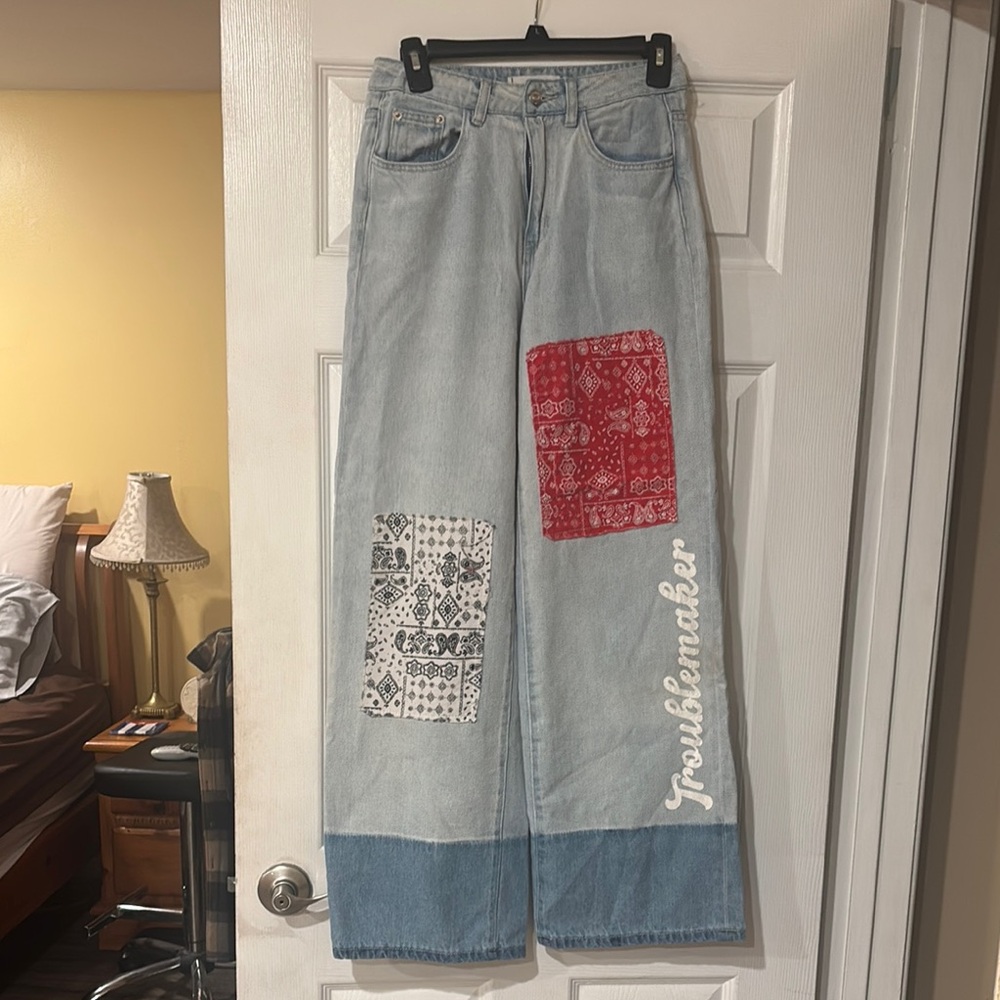 Women's Patchwork Jeans - Light Blue and Red